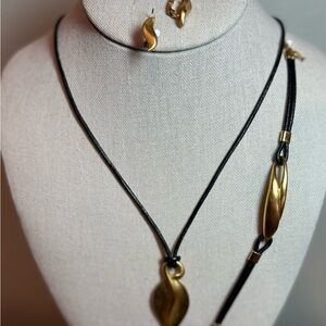 Monet Black Leather with Gold-tone Leaf Pendant Necklace, Bracelet & Earring Set